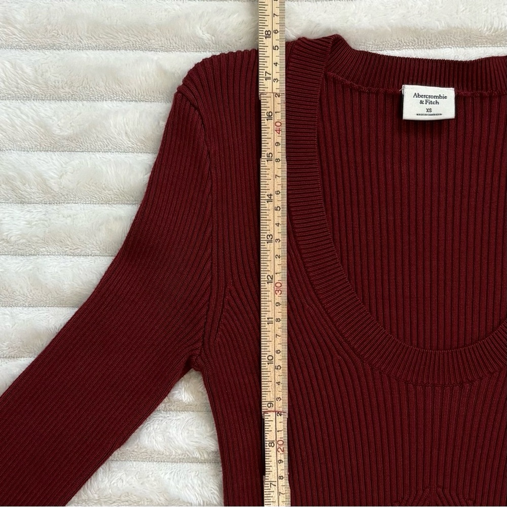 ABERCROMBIE & FITCH Ribbed Scoop Neck Cropped Long Sleeve Top Burgundy XS - Picture 6 of 7